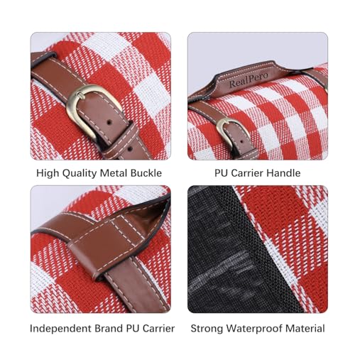 Extra Large Picnic Blanket, 80"x60" Waterproof Sandproof Beach Mat, Soft Foldable Outdoor Camping Mat with PU Carrier, Red White Plaid Portable Mat for Lawn, Grass, Travel & Park