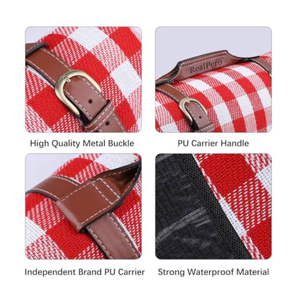 Extra Large Picnic Blanket, 80"x60" Waterproof Sandproof Beach Mat, Soft Foldable Outdoor Camping Mat with PU Carrier, Red White Plaid Portable Mat for Lawn, Grass, Travel & Park