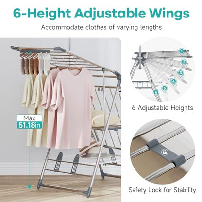 APEXCHASER Clothes Drying Rack with High Hanger, Foldable 3-Level Drying Racks with Shoe Rack, Crossbar and Vertical Rod Laundry Stand with Adjustable Wings Grey - color: Gray, size: 2 Wings