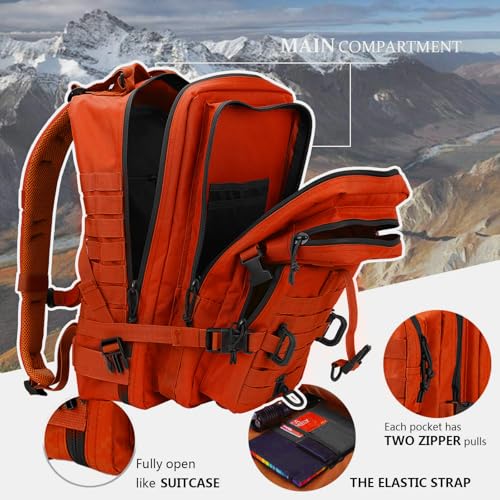 Hannibal Tactical MOLLE Assault Backpack, Tactical Backpack Military Army Camping Rucksack, 3-Day Pack Trip w/USA Flag Patch, D-Rings, Orange - color: Orange