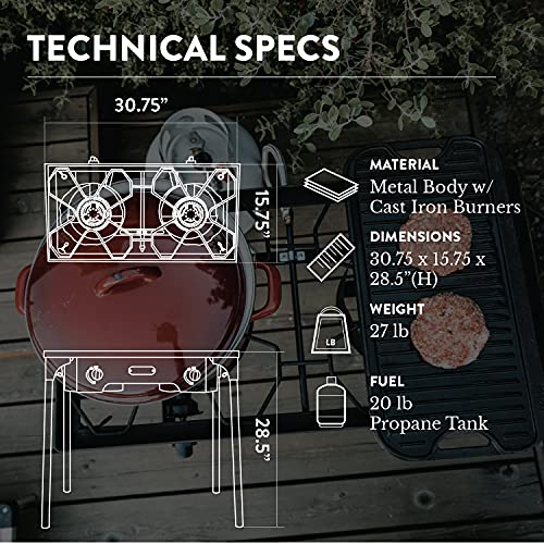 Gas One Propane Double Burner Two Burner Camp Stove with Windscreen Outdoor High Pressure Propane 2 Burner Adjustable PSI Regulator and 4ft Steel Braided Hose With Removable Legs - size: 2 Burner with Windguard