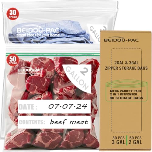 BEIDOU-PAC 80 Count Combo Large Storage Zip Bags, 2 Gallon & 3 Gallon Resealable Variety Pack With Organizer, Reclosable Clear Assorted Size Plastic Bags - style: Large Zip | Variety Pack | 80 count