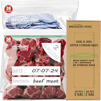BEIDOU-PAC 80 Count Combo Large Storage Zip Bags, 2 Gallon & 3 Gallon Resealable Variety Pack With Organizer, Reclosable Clear Assorted Size Plastic Bags - style: Large Zip | Variety Pack | 80 count