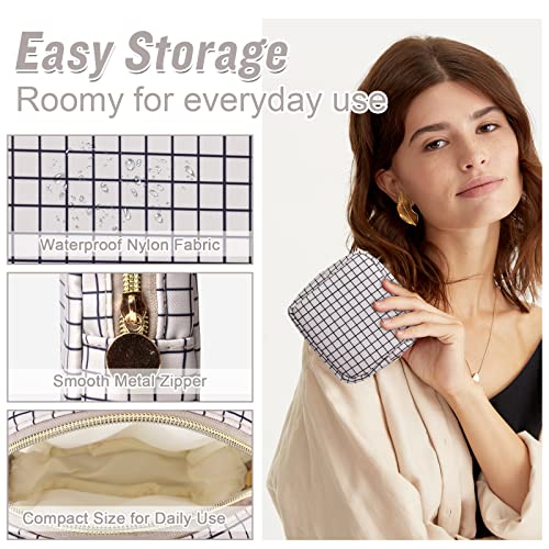 Nylon Mini Makeup Bag for Purse, Small Cute Checkered Makeup Bag Preppy Cosmetic Zipper Pouch Purse, Travel Coin Pouch Sanitary Napkin Storage Bag Clutch Make Up Organizer for Women Girls(Checkered) - color: Checkered, size: Mini