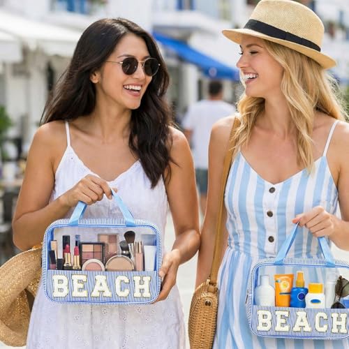 Sanwuta Seersucker Beach Bag Chenille Letter Clear Sunscreen Makeup Bag with Handle and Zipper Seersucker Stripe Preppy Women Cosmetic Pouch for Storage Travel Organizer(Blue) - color: Blue, style: Beach