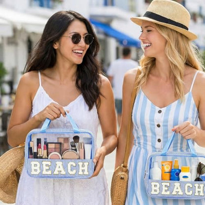 Sanwuta Seersucker Beach Bag Chenille Letter Clear Sunscreen Makeup Bag with Handle and Zipper Seersucker Stripe Preppy Women Cosmetic Pouch for Storage Travel Organizer(Blue) - color: Blue, style: Beach