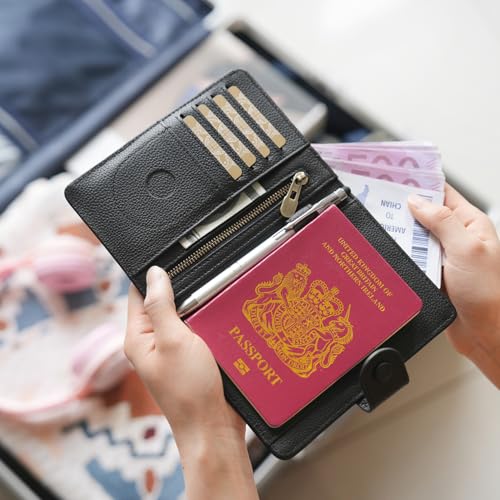 WASON Leather Passport Cover Wallet - Travel Passport Holder with RFID, Card Slots, Cash Pocket, Coin Purse, Tracker Slot, Boarding Pass and Ticket Organizer for Men and Women (Black) - color: Black