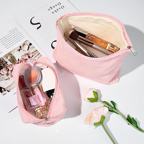 SOIDRAM 2 Pieces Makeup Bag Large Corduroy Cosmetic Bag Capacity Canvas Mix Travel Toiletry Bag Organizer Cute Makeup Brushes Aesthetic Accessories Storage Bag for Women, Corduroy Mix Pink - color: Corduroy Pink