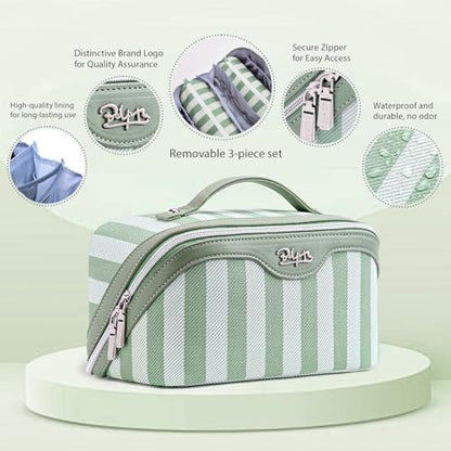 BOYATU Travel Makeup Bag Cosmetic Bag for Women: 3 Pcs Set Striped Make up Bag with Compartments - Waterproof Vegan Leather Toiletry Bag with Handle - Makeup Organizer for Travel Essentials(A-2-Green) - color: A-2-Green