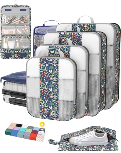 8 Set Compression Packing Cubes for Travel Essentials,Compressible Expandable Packing Cubes for Suitcase,OlarHike Luggage Garment Bags for Travel,Handy Helper for Organizing Clothes(Dark Blue Floral) - color: Dark Blue Floral