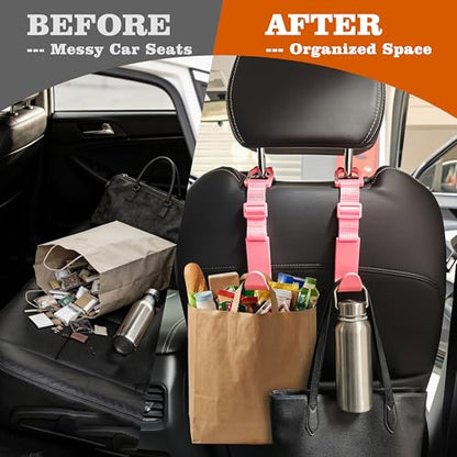 Amooca Car Headrest Hooks 4 Pack Adjustable Universal Fit Auto Seat Back Organizer Storage Hanger Purse Bags Holder with Clip Pink - color: Pink