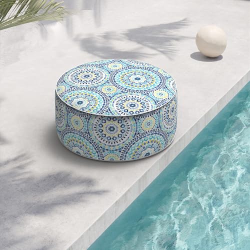 Indoor/Outdoor Inflatable Ottoman D21 x H9 inch, Round Footstool Inflatable Foot Rest Ottoman with Handle, Portable Ottomans Pouf for Patio, Garden, Camping, Home, Delancey Lagoon - color: Delancey Lagoon, size: 21"D x 21"W x 9"H
