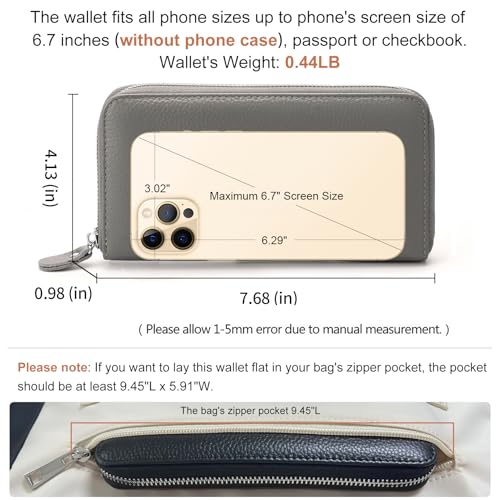Moflycom Womens Wallet RFID Blocking Genuine Leather Zip Around Wallet Clutch Wristlet Travel Long Purse for Women - color: Grey