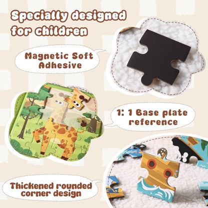 Magnetic Puzzles Super Set for Kids, 6 in 1 Montessori Learning Toys with 100 Pieces, Travel Activities for Toddlers Age 3-5, Preschool Puzzle Game Bundle with Animals, Pirate Ship, Fire Truck - color: Yellow & Green