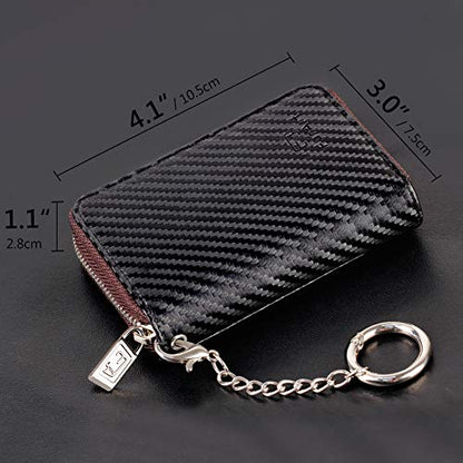 FurArt Zipper Wallet Women, RFID Blocking Credit Card Wallet, Business Card Holder, Compact Size KeyChain Wallet - color: Carbon Fiber Black