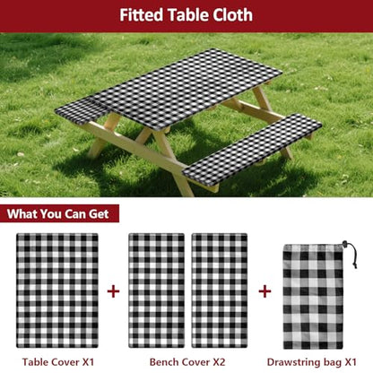 6ft Picnic Table and Bench Cover, Camping Essentials RV Gear, 72in Waterproof Windproof Outdoor Elastic All Around Tablecloth, Fitted Rectangle Tables and Seats, Black-White Checkered - color: Black-white Checkered, size: 72"