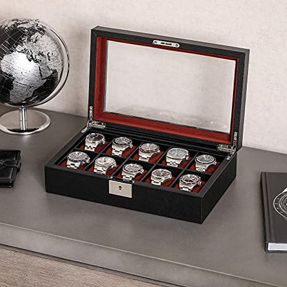 ROTHWELL 10 Slot Leather Watch Box - Luxury Case Display Jewelry Organizer - Locking Watch Display Case Holder with Large Glass Top - Box Organizer for Men and Women (Black/Red) - color: Black / Red