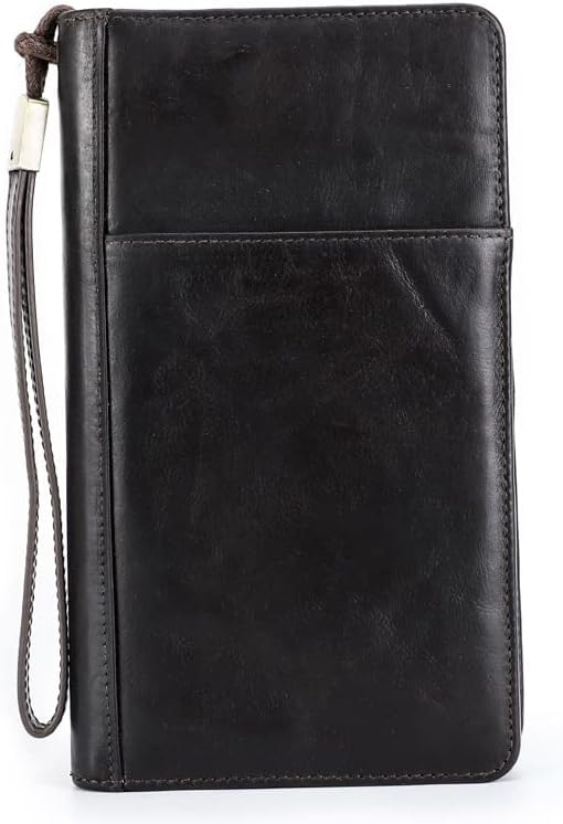 Mens Genuine Leather Document Clutch Bag Passport Organizer Zippered Storage Pouch for Phone Travel Business Essentials Gifts - color: Black