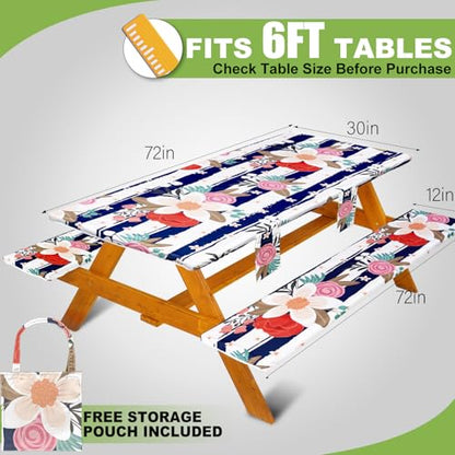 Fitted Picnic Table Cover with Bench Covers Set, Waterproof Lightweight Rectangle 72in Folding Table Cloths Canopy Shade Slipcover Cool Unique Fun Camping Gift for Camper Women Men Family Rv Owners - color: Blue White Stripes Flowers, size: 72in