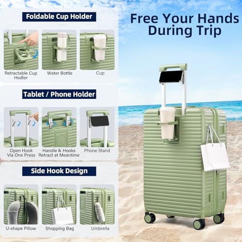 HanTrip Hard Shell Suitcases 24 Inch Check in Luggage with Spinner Wheels Cup Holder, Lightweight Top Opening Expandable Luggage Hard Case Rolling Medium Checked Suitcase with Lock, Bamboo Green - color: Bamboo Green, size: Expandable 24 Inch