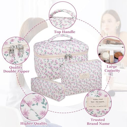 Gosect Makeup Bag Set, Quilted Makeup Bag, Large Floral Cosmetic Bag for Women, Cute Cotton Makeup Bags, Flower Travel Toiletry Organizer Bag (Purple Flower) - color: Purple Flower