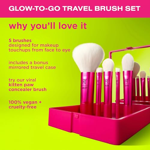 Real Techniques Vivid Escape Glow-To-Go Travel Makeup Brush 6 Piece Set, Mini Size Makeup Brushes for Eyeshadow, Concealer, Contour, & Blush, Includes Mirror Cosmetic Case, Cruelty-Free & Vegan - size: 1 Count (Pack of 6)