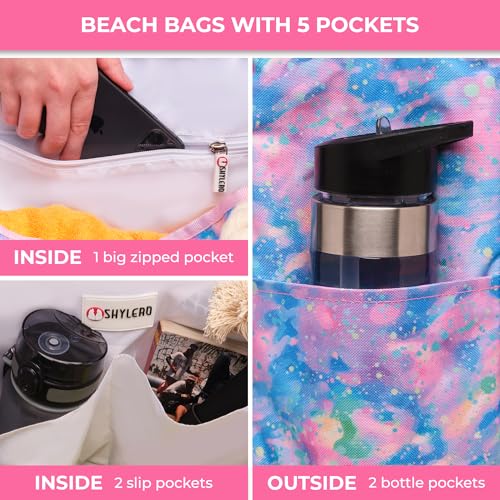 Beach Bag and Pool Bag Has Cooler Pocket, 7 Pockets Total, Zip Top. Family Size Waterproof Beach Tote - color: Northern Lights