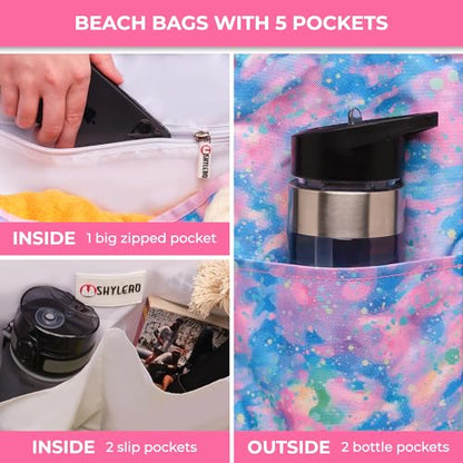 Beach Bag and Pool Bag Has Cooler Pocket, 7 Pockets Total, Zip Top. Family Size Waterproof Beach Tote - color: Northern Lights