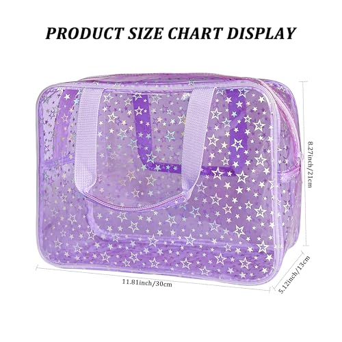 Clear Star Large Cosmetic Bag and Travel Pouch with Handle,Durable Material,Zipper Design-Ideal for Makeup,Travel Essentials (Purple+Shiny Star) - color: Purple+Shiny Star