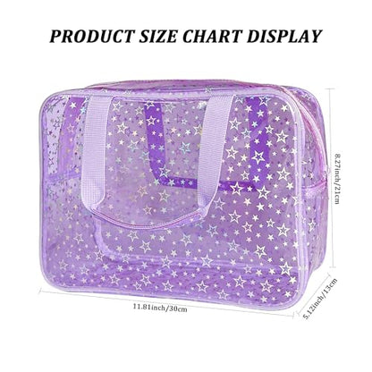 Clear Star Large Cosmetic Bag and Travel Pouch with Handle,Durable Material,Zipper Design-Ideal for Makeup,Travel Essentials (Purple+Shiny Star) - color: Purple+Shiny Star