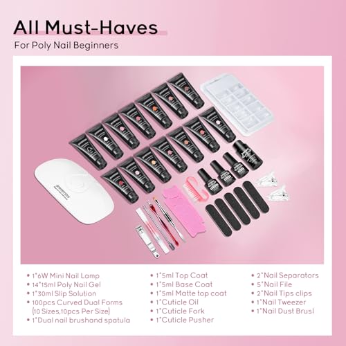 JEWHITENY Poly Extension Gel Nail Kit 14 PCS Poly Gel Kit with Slip Solution and Mini Lamp Nail Art Design Beginner - color: A03