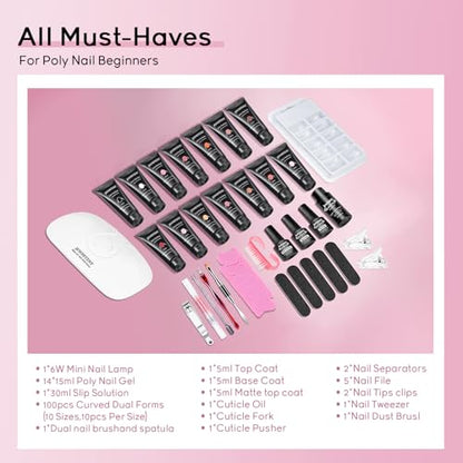 JEWHITENY Poly Extension Gel Nail Kit 14 PCS Poly Gel Kit with Slip Solution and Mini Lamp Nail Art Design Beginner - color: A03