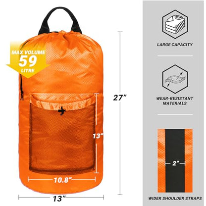 Laundry Bag with Shoulder Straps and Mesh Pocket Laundry Backpack Large Portable Laundry Hamper for College Laundromat Apartment - color: Orange