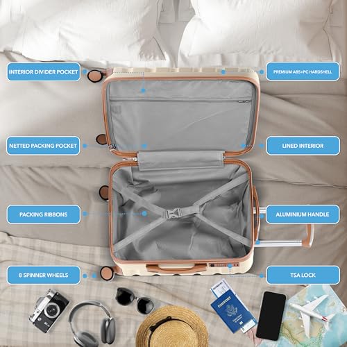 Flight Knight Luggage Set For Travel Expandable 4 Piece Large Checked Bags TSA Lock 360 Silent Double Spinner Wheels Hardside Suitcase With 24x16x10 Carry-On Max Bag Size Virgin, South West Airlines - color: Cream/Tan, size: 4 Piece Set (18/24/27/31")