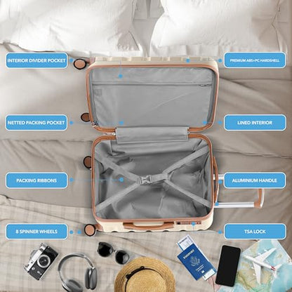 Flight Knight Luggage Set For Travel Expandable 4 Piece Large Checked Bags TSA Lock 360 Silent Double Spinner Wheels Hardside Suitcase With 24x16x10 Carry-On Max Bag Size Virgin, South West Airlines - color: Cream/Tan, size: 4 Piece Set (18/24/27/31")