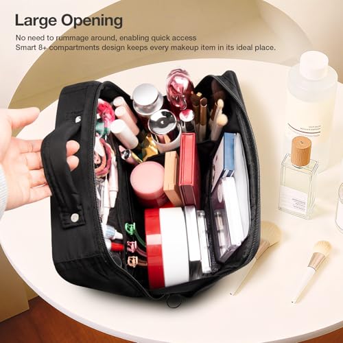 Abiudeng Standing Travel Makeup Bag Stand up Make up Bag Travel Toiletry Bag with Multiple Compartments Large Capacity for Women Business Trips Fitness and Daily Commutes (Black) - color: Blcack