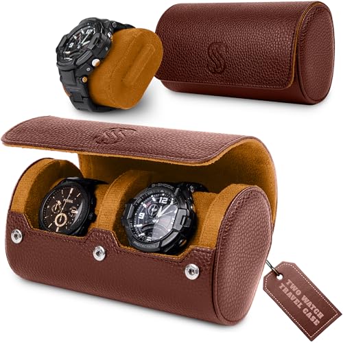2 Watch Travel Case for Men – Leather Roll Organizer & Storage Box, Fits Watches up to 55mm | Removable Cushions | Gift Ready (Brown/Caramel) - color: Brown & Caramel