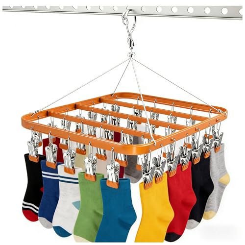 Clothes Drying Racks Clip Hangers Metal with 36 Clips Windproof Hook Underwear Hanger Foldable Laundry Clip for Socks Bras (Gold) - color: Gold