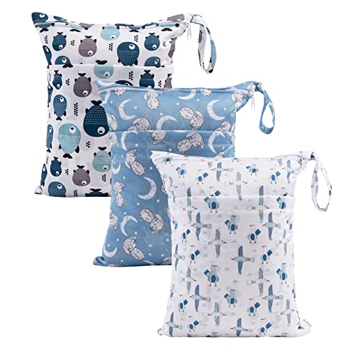 babygoal Wet Dry Bags for Baby Cloth Diapers, Washable Travel Bags, Beach, Pool, Gym Bag for Swimsuits & Wet Clothes with Two Zippered Pockets 3 Pack, 3LN28 - color: Fish and seagull