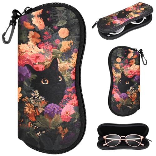 Sunglasses Case with Belt Clip, Ultra Light Neoprene Zipper Soft Padded Glasses Case for Women Men - color: Garden Cat