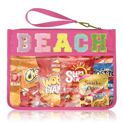 Siwara Snack Bags Clear Pouch Travel Makeup Bag Chenille Letter Bags for Zipper Pouch Clear Cosmetic Bag Clearly Tote Bag Makeup Travel Bags for Women - color: Rose--Beach
