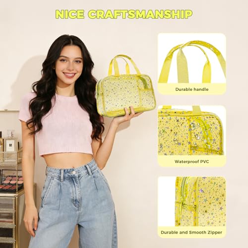 Clear Yellow Star Large Makeup Bag with Star Pattern 12x5x8 inch, Travel Cosmetic Bag with Handle, Durable PVC Material Washbag Zipper Opening Design for Makeup Travel Organizer or Gym Use - color: Yellow, style: Star