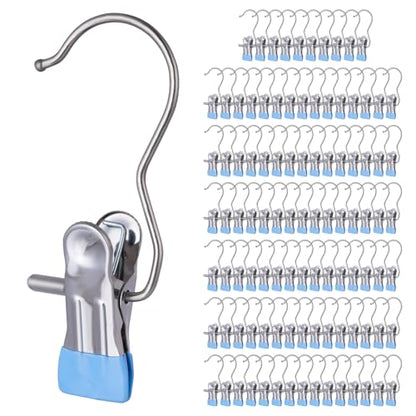 100PCS Space-Saving Clothespin Hat Pants Storage Hanging Travel Hook,Portable 360° Rotating Stainless Steel Hanging Hook Clips Towel Clips,Laundry Hooks Hanging Clips with Clips for Home and Travel - color: Blue 100pcs