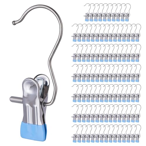 100PCS Space-Saving Clothespin Hat Pants Storage Hanging Travel Hook,Portable 360° Rotating Stainless Steel Hanging Hook Clips Towel Clips,Laundry Hooks Hanging Clips with Clips for Home and Travel - color: Blue 100pcs