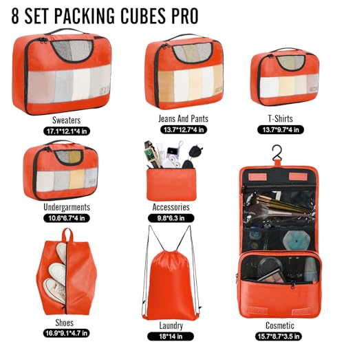 Veken 8 Set Packing Cubes for Travel Essentials, Suitcase Organizer Bags in 4 Sizes, Carry-On Luggage Accessories with Large Laundry & Hanging Toiletry Bag, Must-Have for Airplane, Road Trip & Camping