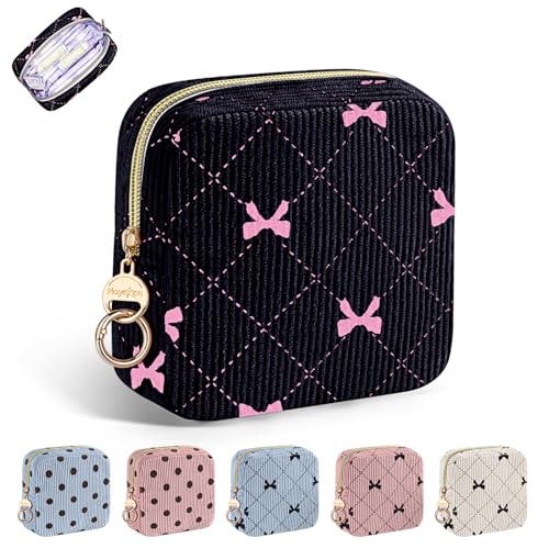 Period Bag for Teen Girls, Corduroy Sanitary Napkin Storage Bag, Cute Menstrual Pad Bag Tampon Holder for Purse (Black-Bow Tie) - color: Bow Tie-black