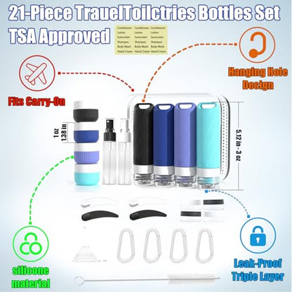 26 Pcs TSA Approved Travel Toiletry Bottles Set, Leakproof Silicone Refillable Travel Containers with Hanging Hole & Carabiner, Portable Essentials, for Shampoo Conditioner Lotion Body Wash - style: F
