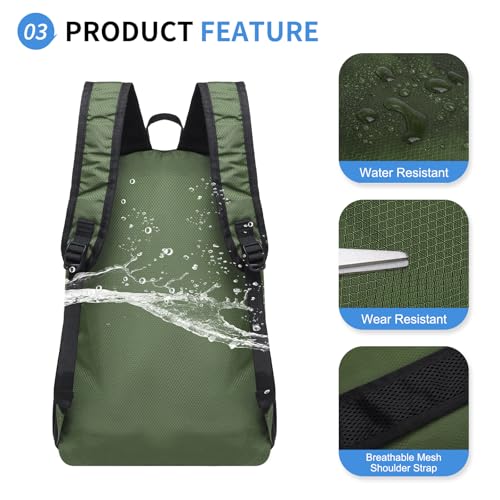 Hiking Daypack Packable, Camping Backpack Water Resistant Lightweight Polyester for Men Women Travel Outdoor - color: Dark Green