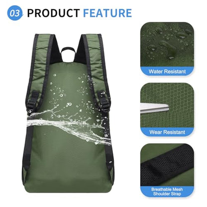 Hiking Daypack Packable, Camping Backpack Water Resistant Lightweight Polyester for Men Women Travel Outdoor - color: Dark Green