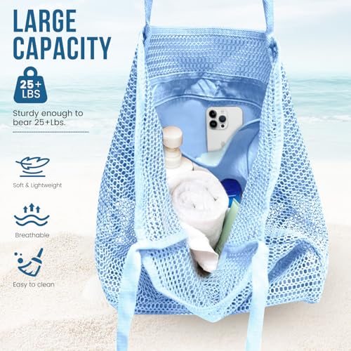 HOHOM Beach Bags for Women, Summer Travel Mesh Tote Bag with Large Inner Pocket, Sandproof Woven Shoulder Handbag - color: Harbor Blue